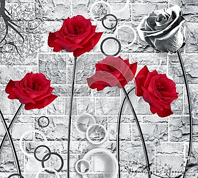 3d mural wallpaper red flowers and circles in black and white wall bricks . Stock Photo