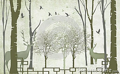 3d mural wallpaper trees in winter snow with branches and flowers . deer birds with flat modern simple background Stock Photo