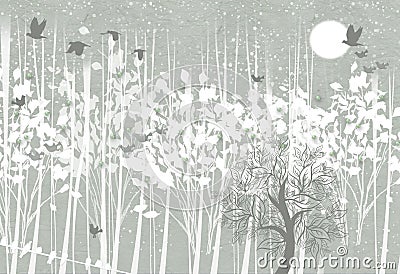 3d mural wallpaper trees in winter snow with branches and flowers . deer birds with flat modern simple background Stock Photo