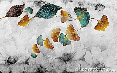3d mural wallpaper. turquoise and golden ginkgo leaves in light gray canvas paint background. Stock Photo