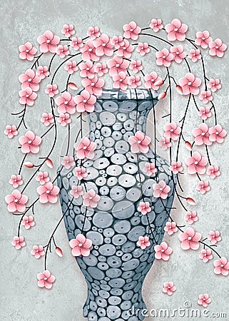 3d mural wallpaper vase with rose flowers on gray background Suitable for use on a wall frame Stock Photo