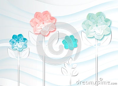 3d mural wallpaper waves background white paper flowers, colorful dandelions and 3d ball circles Stock Photo