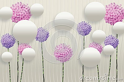 3d mural wallpaper waves background white paper flowers, colorful dandelions and 3d ball circles Stock Photo