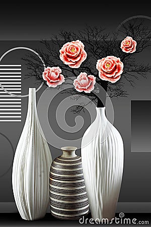 3d mural wallpaper white and black vase with rose flowers on black background . Suitable for use on a wall frame Stock Photo