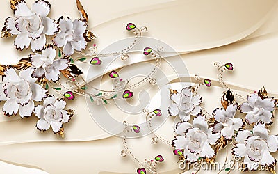 3d mural wallpaper with white flowers , golden branches . beige silk background Stock Photo