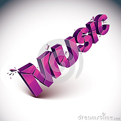 3d music word broken into pieces, demolished vector design elements. Shattered magenta art stylish inscription Vector Illustration