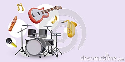 3D musical instruments. Guitar, drum stand, flute, microphone, saxophone, nota Vector Illustration