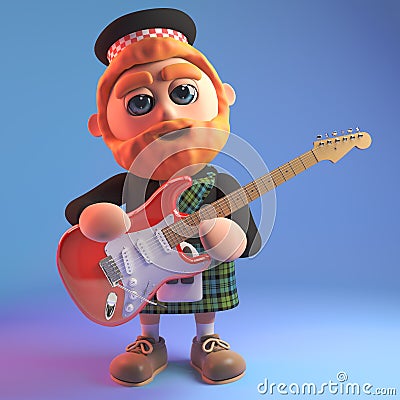 3d Musical Scottish man in traditional tartan kilt playing the electric guitar, 3d illustration Cartoon Illustration