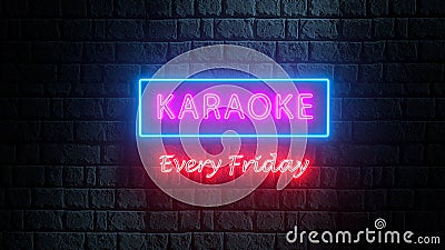 3d neon street banner, signboard, billboard Karaoke Every Friday on brick wall. Illumination for nightclub with live musical Stock Photo