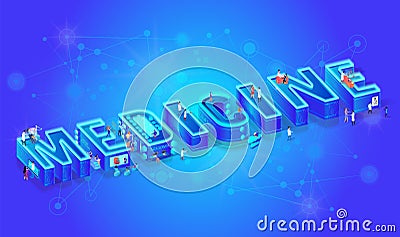 3d Neon Isometric Word Medcine. Flat Characters Stock Photo