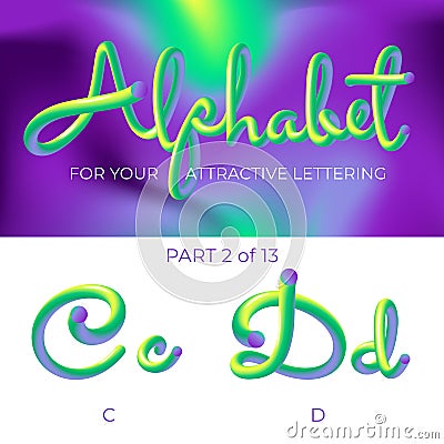 3D neon led alphabet font. Logo C letter, D letter with rounded shapes. Matte three-dimensional letters from the tube, rope green Vector Illustration