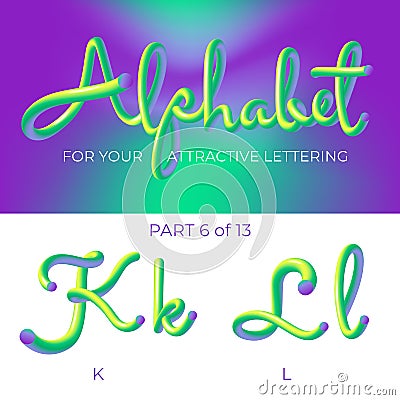 3D neon led alphabet font. Logo K letter, L letter with rounded shapes. Matte three-dimensional letters from the tube, rope green Vector Illustration