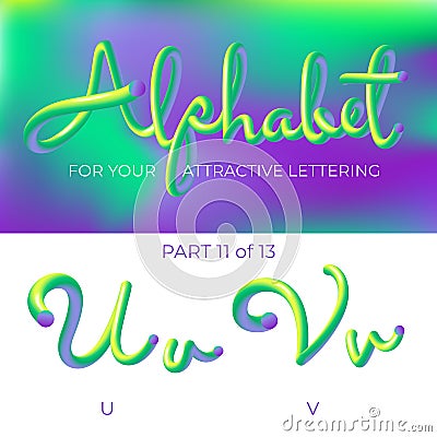 3D neon led alphabet font. Logo U letter, V letter with rounded shapes. Matte three-dimensional letters from the tube, rope green Vector Illustration