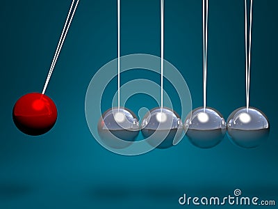 3d Newtons cradle with red ball Stock Photo