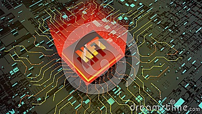 3d NFT image. Blockchain Non Fungible Token idea. Computer chip NFT on digital background. Cryptocurrency Cartoon Illustration