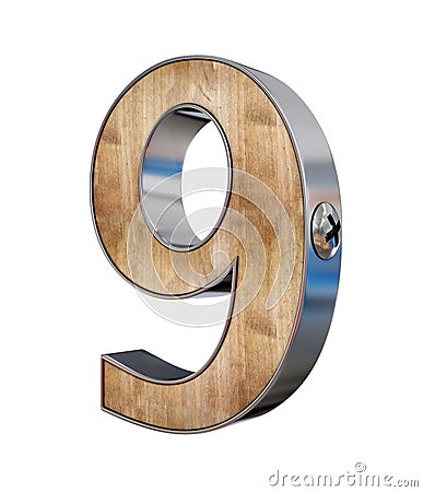 3D `nine` number made of wood and metal Stock Photo