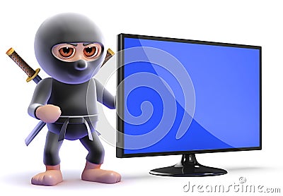 3d Ninja assassin next to a flatscreen lcd tv Stock Photo