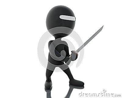 3d Ninja with sword in agressive posture Cartoon Illustration