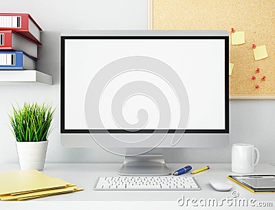 3D Office with blank computer screen. Mockup Cartoon Illustration