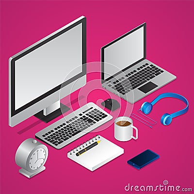 3D office workplace view of computer with laptop, notebook, coffee mug, headphone. Stock Photo