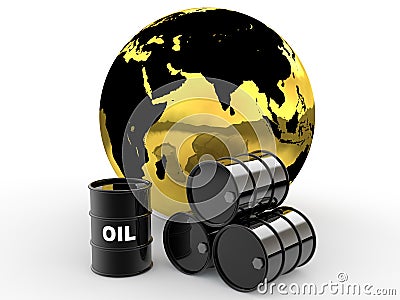 3d oil barrels and golden earth globe Stock Photo