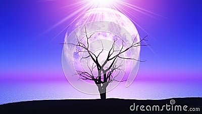 3D old gnarly tree against a moonlit landscape Stock Photo