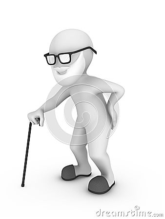 3d old man with cane and waist pain... Cartoon Illustration