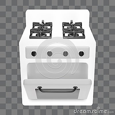 3d open oven door realistic vector kitchen interior appliance. Isolated white cooker stove with gas burner perspective Vector Illustration