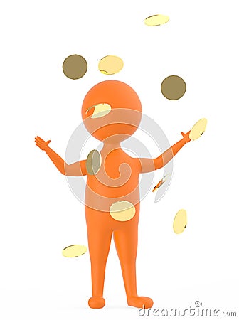 3d orange character standing and raising both hands when golden coin,s falls Stock Photo