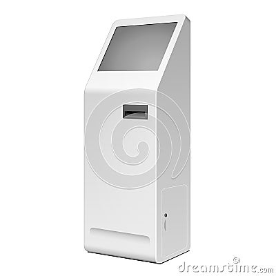 3D Outdoor White Metal ATM, Automated Teller Machine, Payment Terminal, Advertising Stand On White Background. Vector Illustration