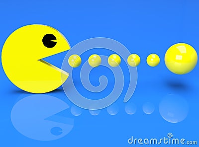 3d pacman videogame in action eats balls Editorial Stock Photo