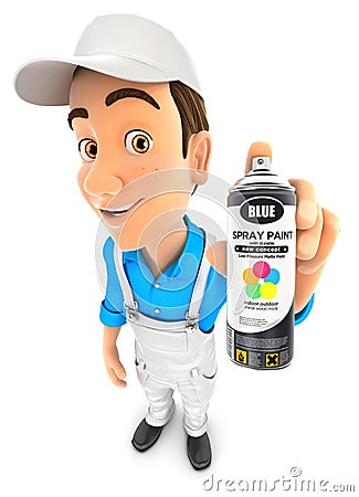 3d painter holding spray paint bottle Cartoon Illustration