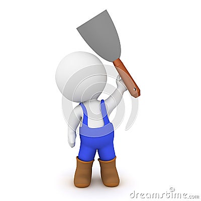 3D Painter holding up paint scraper trowel Stock Photo