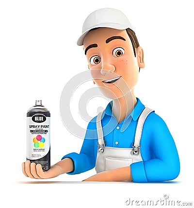 3d painter presenting spray paint bottle Cartoon Illustration