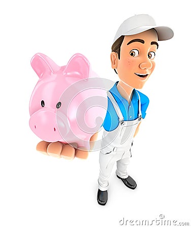 3d painter standing and holding piggy bank Cartoon Illustration