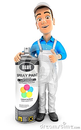 3d painter standing next to big spray paint bottle Cartoon Illustration