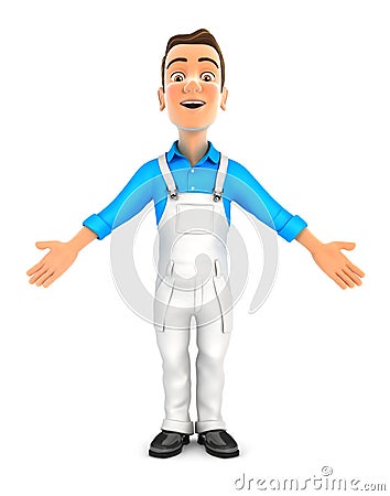3d painter standing with open arms Cartoon Illustration