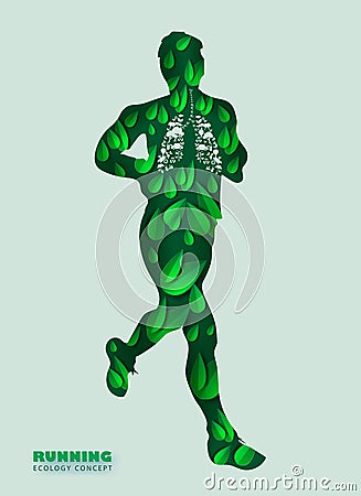 3d paper art and craft of Young runners jogging in park on green background with green leaf.Man happy relax outdoors park garden Vector Illustration