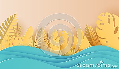 3D Paper art of illustration Summer season Tropical leaf palm decoration on placed text space background, Paper cut origami style Vector Illustration