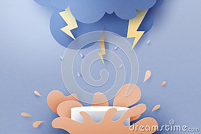 3d paper cut abstract rainy season concept background.Cylinder podium with water splash of rainy day, overcast sky, thunder and Vector Illustration