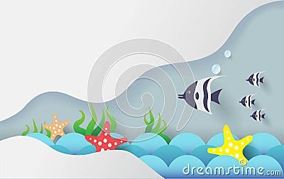 3d paper cut art concept design. Fish and starfish on the ocean waves. Colorful hand crafted. Paper cut style. Vector Illustration