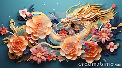 3d paper cut background. Abstract dragon and flowers in Chinese style. Concept for Lunar New Year holiday Stock Photo