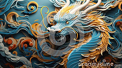 3d paper cut background. Abstract dragon and flowers in Chinese style. Concept for Lunar New Year holiday Stock Photo