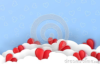 3d paper cut illustration of pink red hearts on blue background with clouds. Vector Vector Illustration