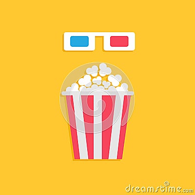 3D paper red blue glasses and big popcorn box. Cinema movie icon in flat dsign style. Yellow background. Vector Illustration