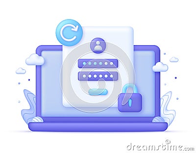 3D Password reset illustration on Computer. Update personal data concept. Getting a new username and password. Vector Illustration