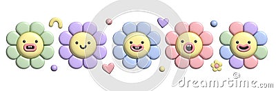 3D pastel flower set with plasticine effect. Y2k cute smile daisy stickers in trendy plastic style. Vector Illustration