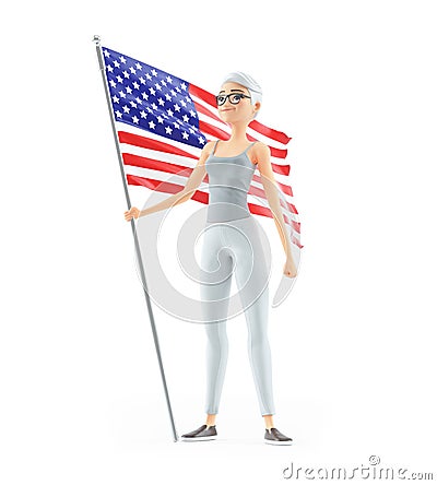 3d patriotic senior woman holding american flag Cartoon Illustration