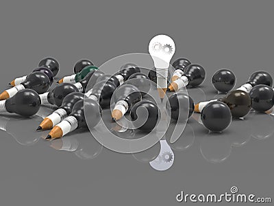 3d pencil light bulb with gears as leadership Stock Photo