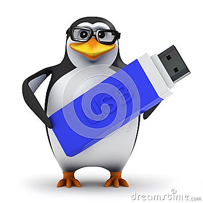 3d Penguin backs up his data on a USB memory stick Stock Photo